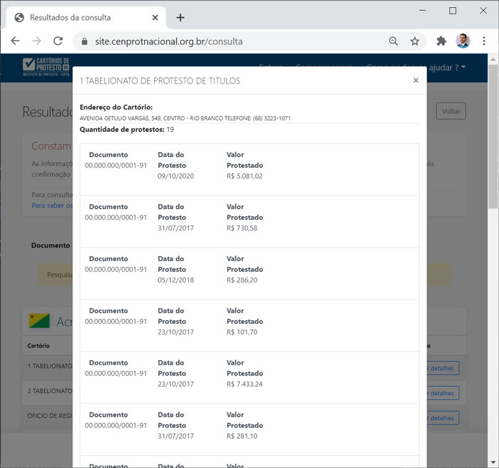 Tela de consulta CENPROT